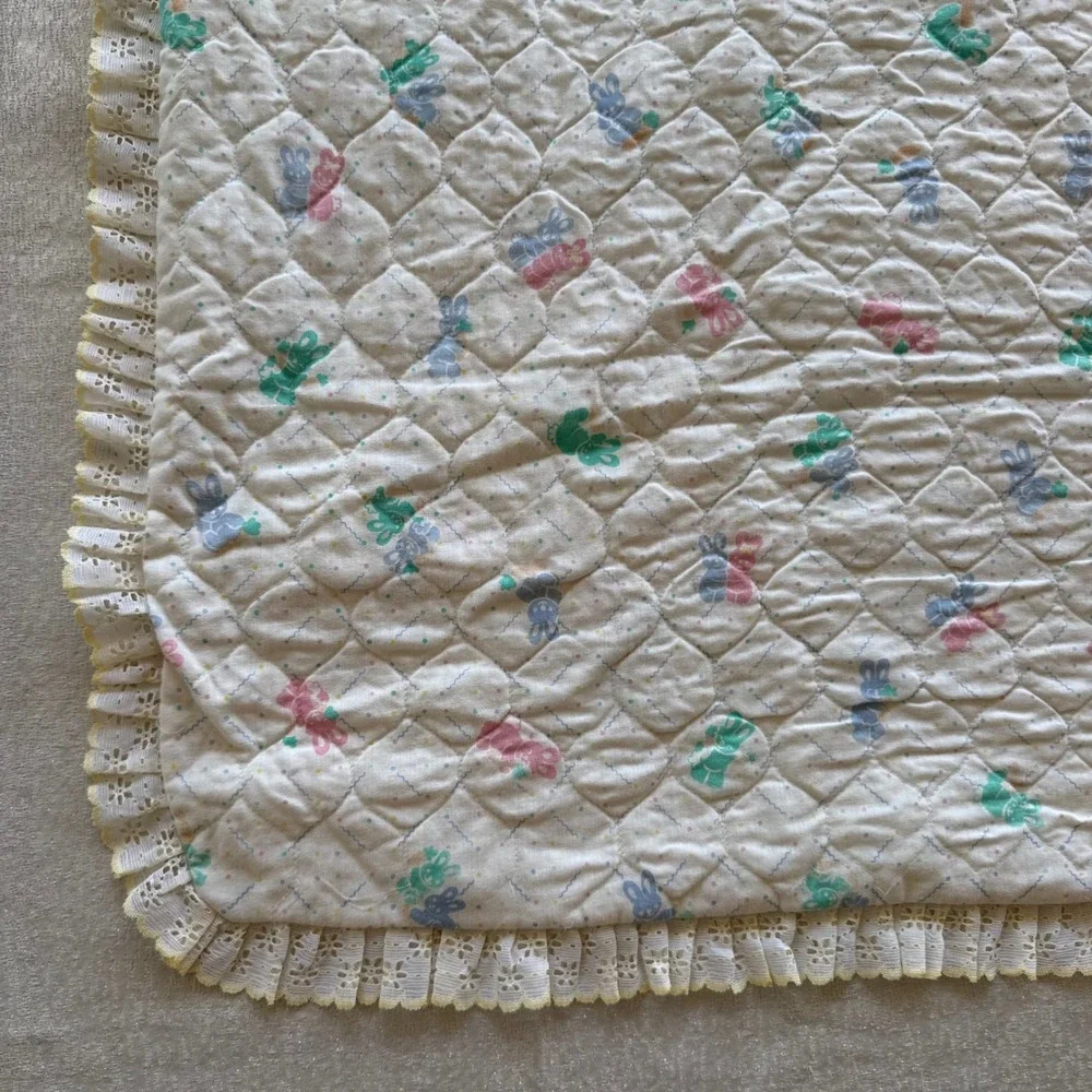 Vintage Reversible Baby Quilt Bunny Rabbit Embroidered Lace Ruffle 42x40